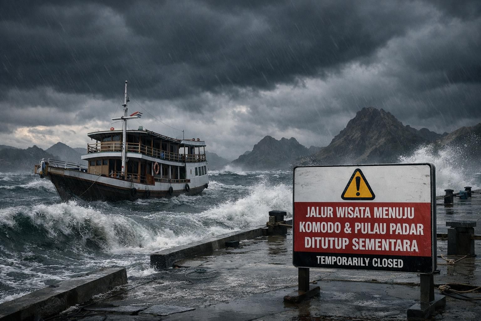 cuaca ekstrem di perairan labuan bajo menyebabkan penutupan sementara jalur wisata ke pulau komodo dan pulau padar demi keselamatan pengunjung.