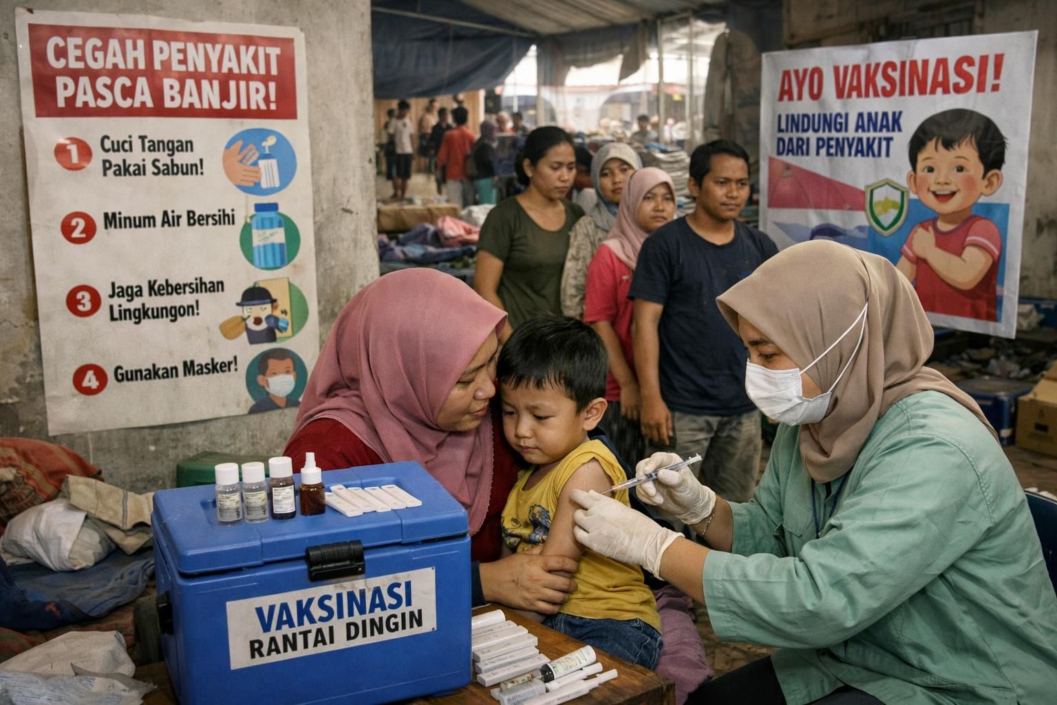 kampanye sosial vaksinasi dan kesehatan masyarakat pasca banjir dan tanah longsor untuk meningkatkan kesadaran dan melindungi kesehatan warga terdampak bencana.