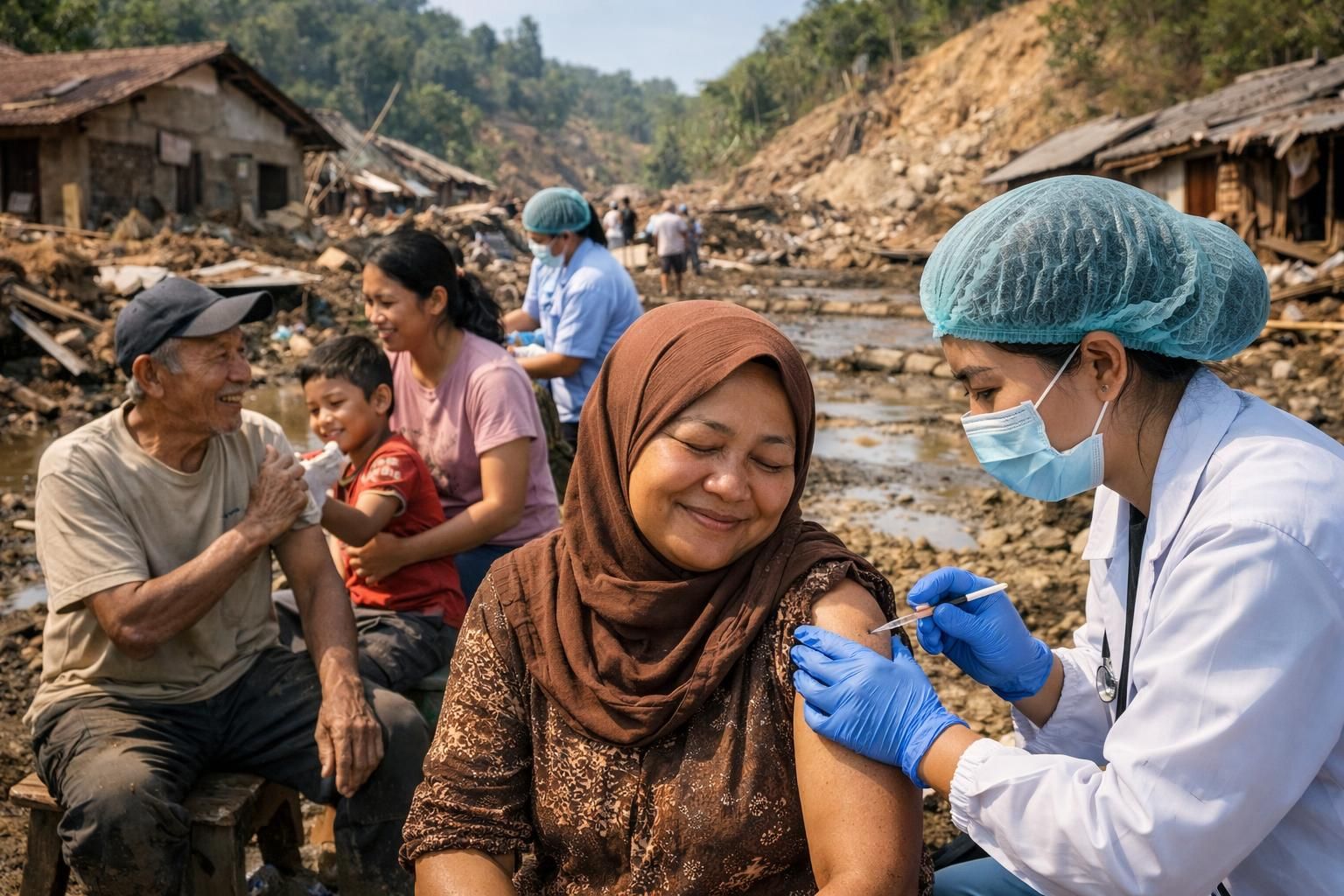 kampanye sosial vaksinasi dan kesehatan masyarakat setelah banjir dan tanah longsor untuk melindungi warga dan mencegah penyakit.