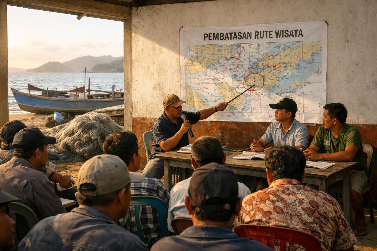 komunitas nelayan di flores membahas dampak pembatasan rute wisata terhadap pendapatan harian mereka dan mencari solusi bersama.