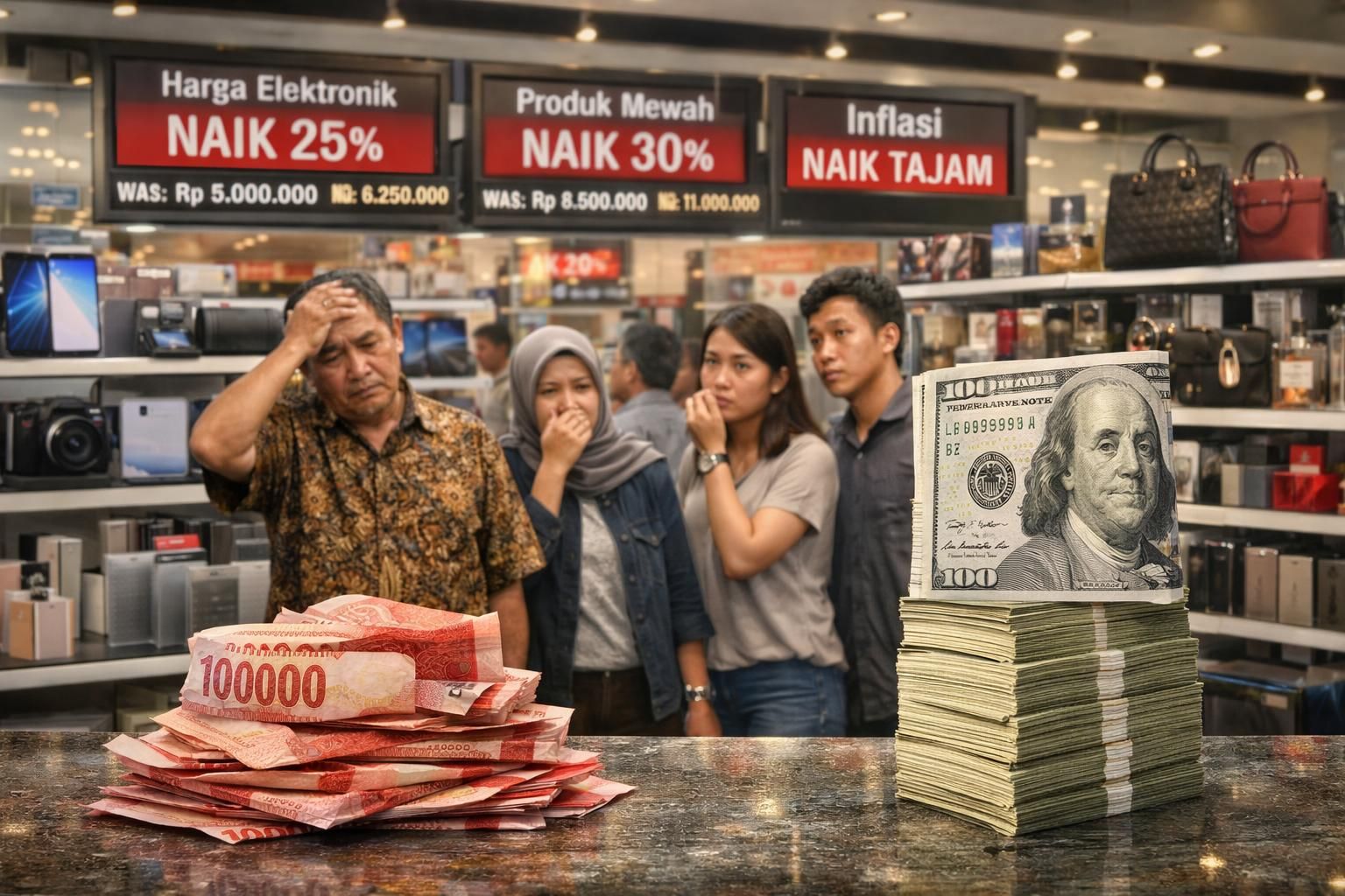 rupiah melemah terhadap dolar as, menyebabkan kenaikan harga barang impor dan tekanan inflasi yang meningkat di indonesia.