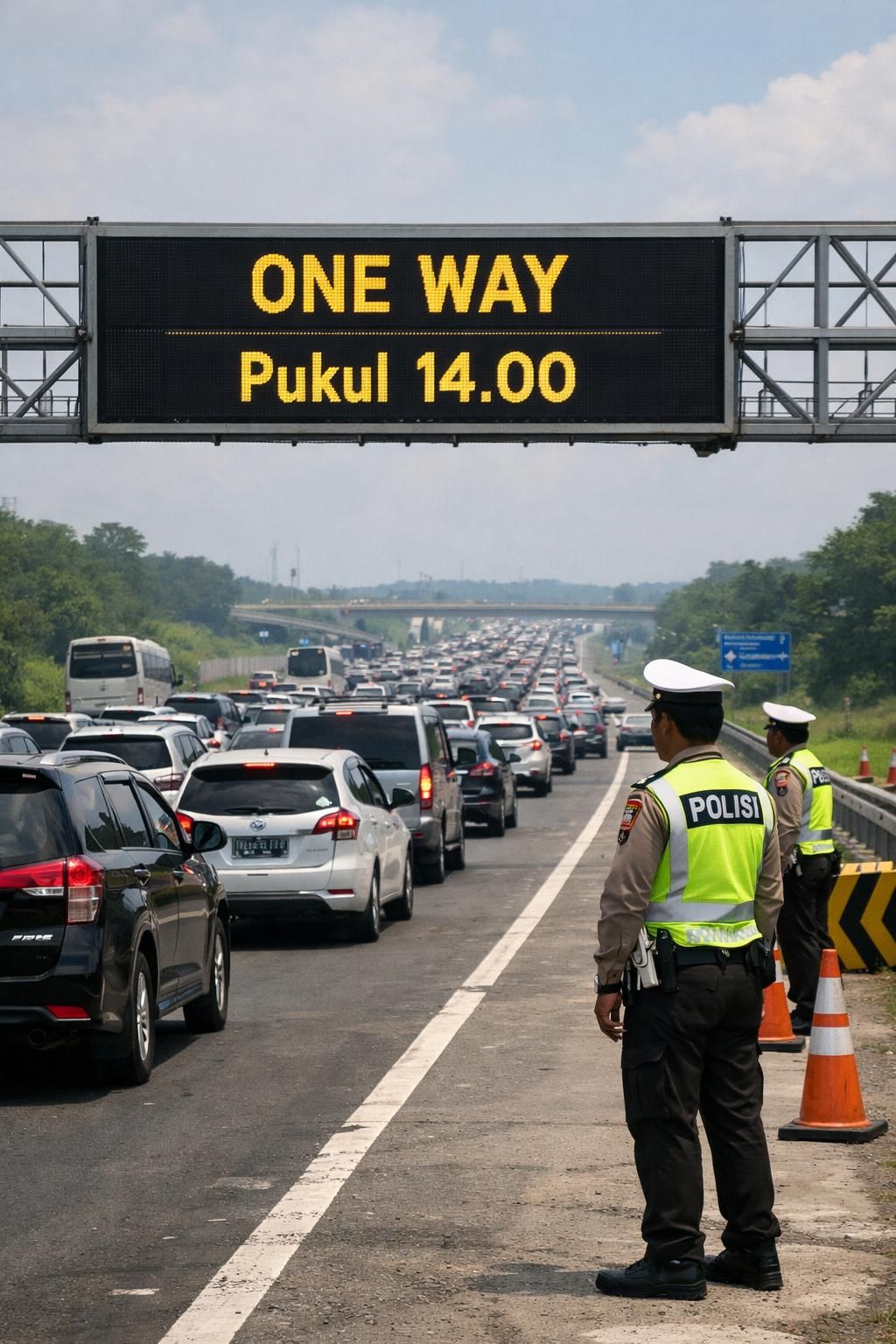 arus balik satu arah dimulai hari ini pukul 14.00. kakorlantas memberikan imbauan khusus untuk para pemudik agar perjalanan aman dan lancar.