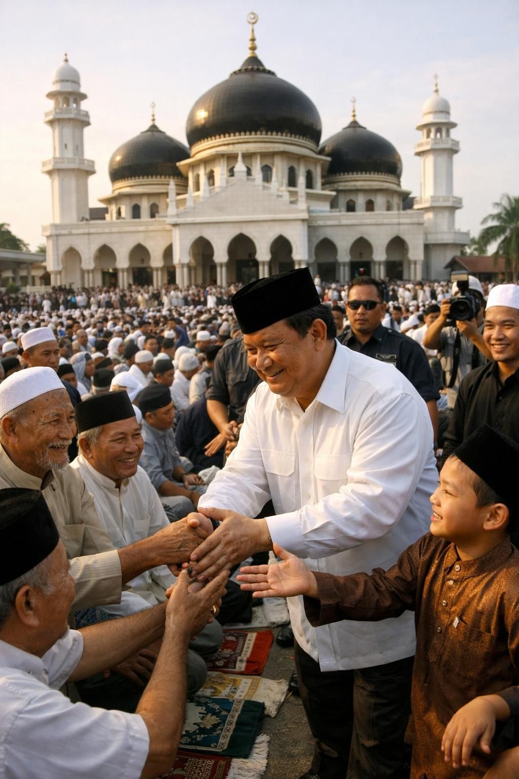 setelah salat id, prabowo mengunjungi jamaah masjid darussalam dan warga dengan antusias berebut salam untuk menjalin silaturahmi.