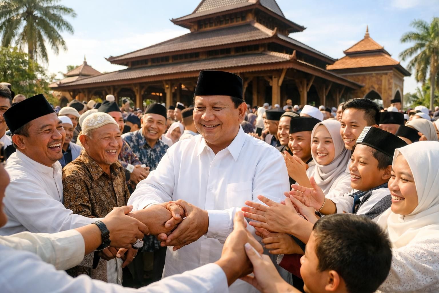 setelah salat id, prabowo bertemu dengan jamaah masjid darussalam, warga antusias berebut salam dalam suasana penuh kehangatan dan kebersamaan.