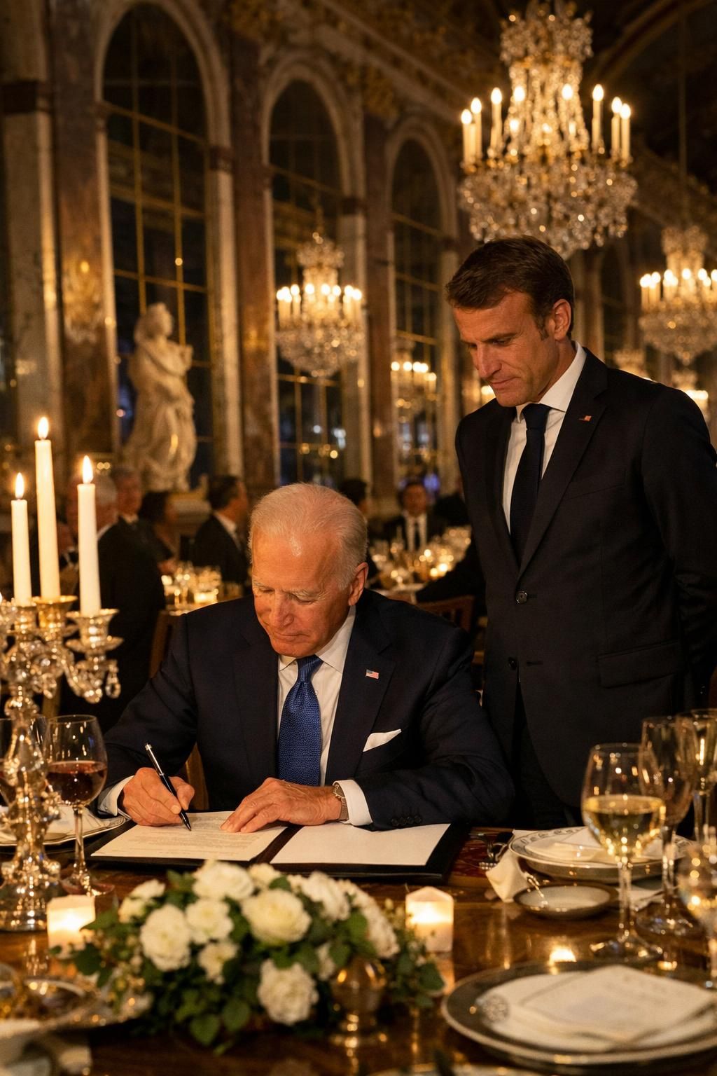 detik bersejarah ketika trump menandatangani mou perdamaian dengan iran yang disaksikan oleh macron di istana versailles, menandai langkah penting dalam diplomasi internasional.