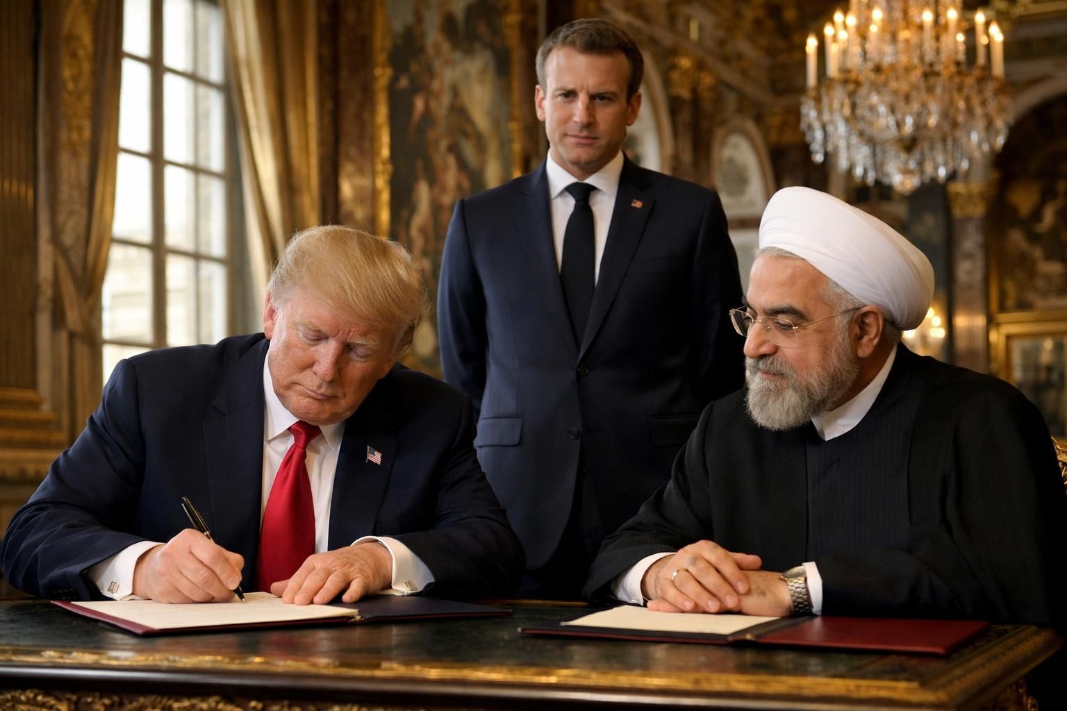 detik bersejarah saat trump menandatangani mou perdamaian dengan iran yang disaksikan oleh macron di istana versailles, menandai langkah penting dalam hubungan internasional.