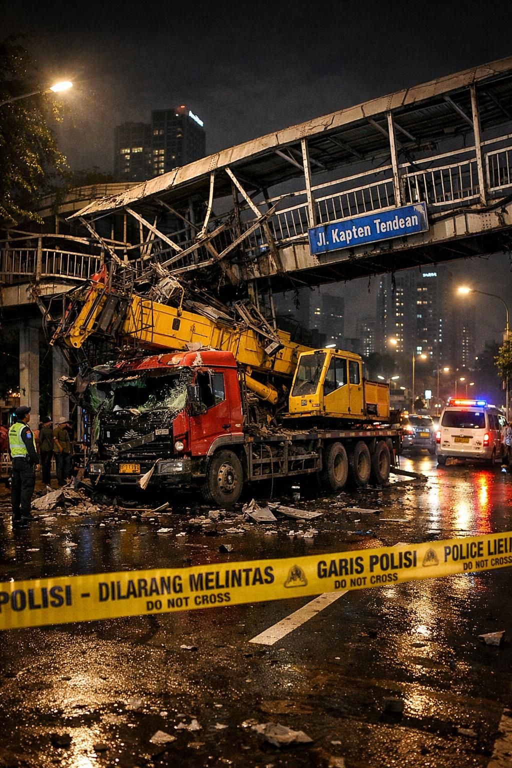 pengemudi truk pembawa crane mengaku terpaku pada peta saat menabrak jpo tendean, menyebabkan kecelakaan yang mengguncang lalu lintas sekitar.