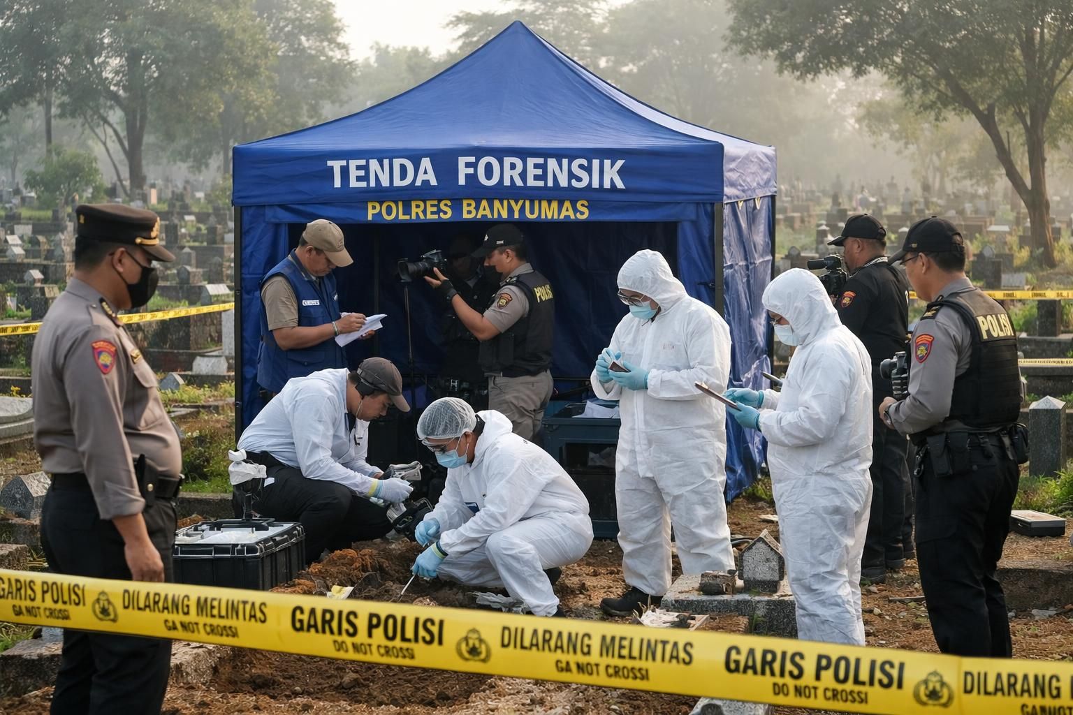 ekshumasi jenazah sutrimo dilakukan pagi ini dengan dipimpin langsung oleh brigjen hastry untuk memastikan proses berjalan lancar dan penuh penghormatan.
