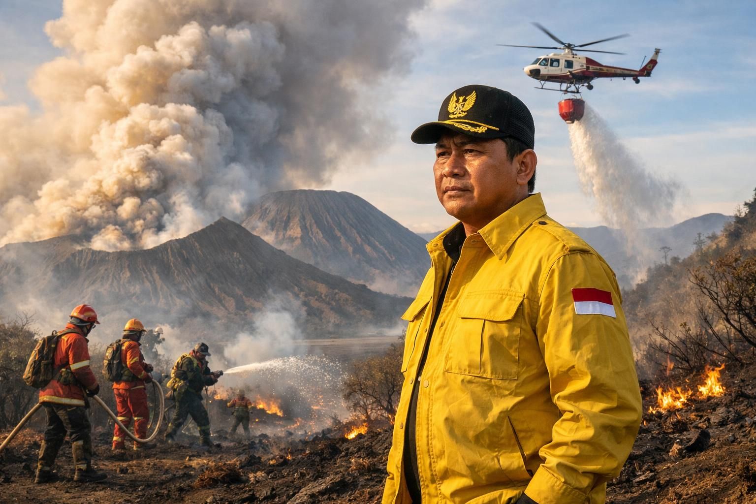 menteri kehutanan mengunjungi lokasi kebakaran di bromo dan meningkatkan efektivitas water bombing untuk mengendalikan api dengan cepat dan melindungi lingkungan sekitar.